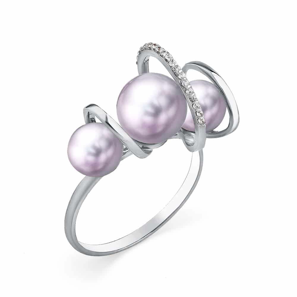 Inel din aur alb cu pietre Cubic Zirconia Incolor, Perla Lavanda