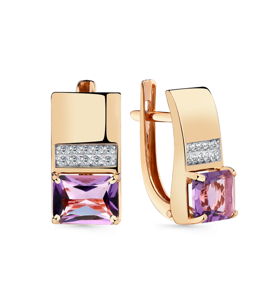 Cercei din aur roșu cu pietre Cubic Zirconia Incolor, Ametist
