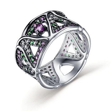 Inel din argint  cu pietre Cubic Zirconia Incolor, Cubic Zirconia Liliachiu și Cubic Zirconia Verde