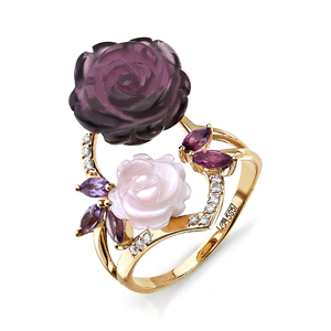 Inel din aur roșu cu pietre Cubic Zirconia Incolor, Ametist și Rodolit