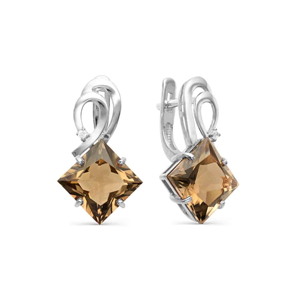 Cercei din aur alb cu pietre Cubic Zirconia Incolor, Cuarț fumuriu
