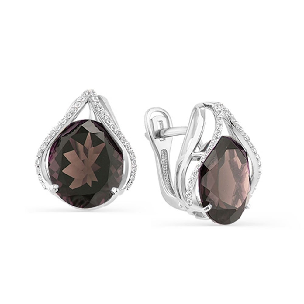 Cercei din aur alb cu pietre Cubic Zirconia Incolor, Cuarț fumuriu