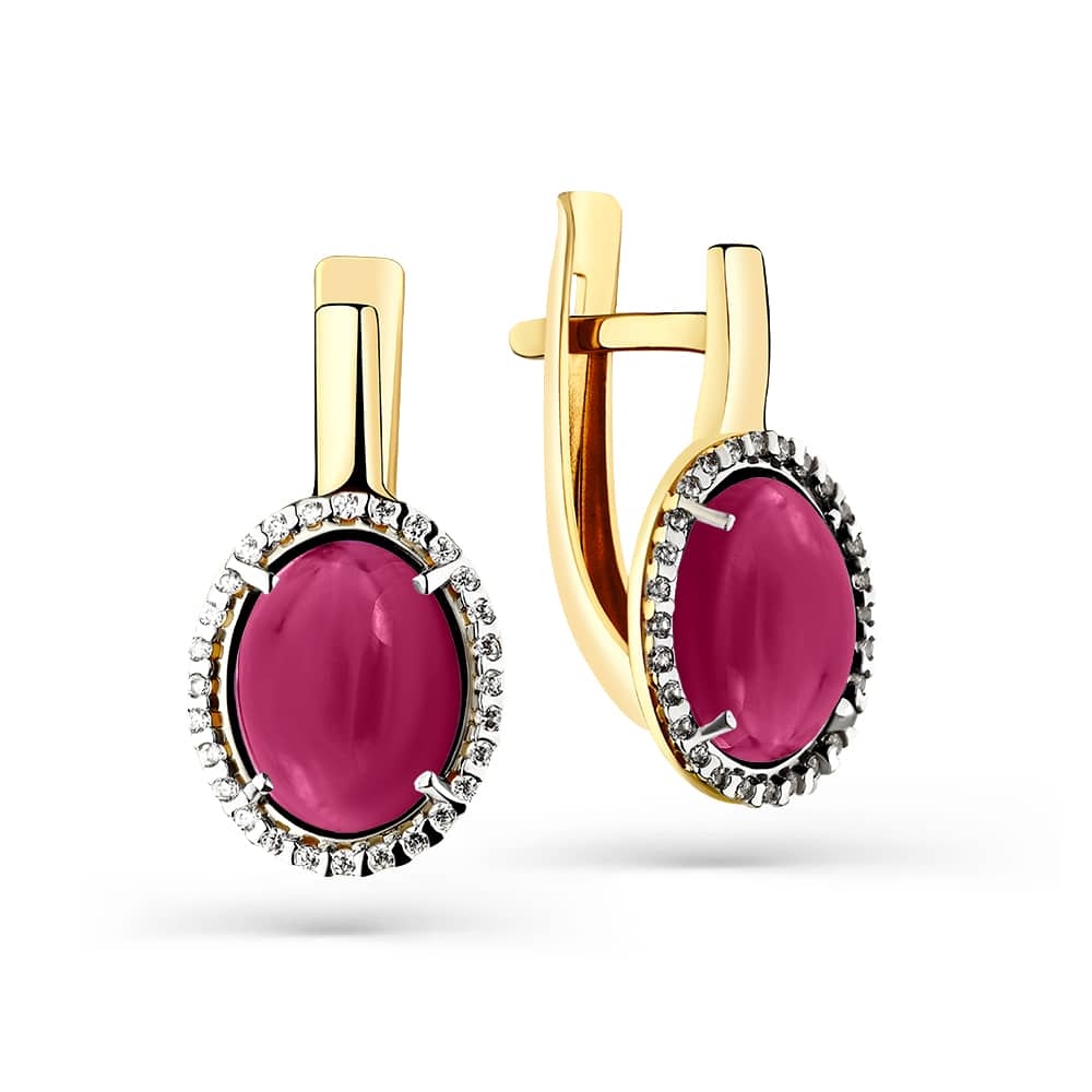 Cercei din aur galben cu pietre Cubic Zirconia Incolor, Rodolit și Finift
