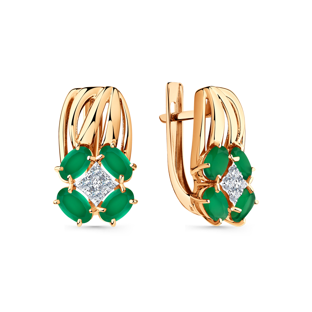Cercei din aur roșu cu pietre Cubic Zirconia Incolor, Agat verde