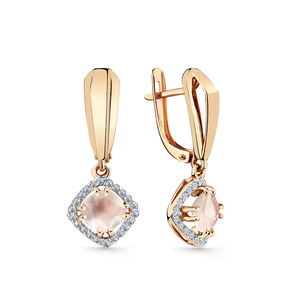 Cercei Suspendați din aur roșu cu pietre Cubic Zirconia Incolor, Cuarț roz