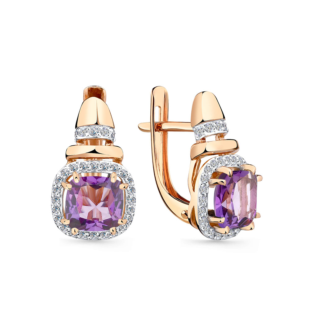 Cercei din aur roșu cu pietre Cubic Zirconia Incolor, Ametist