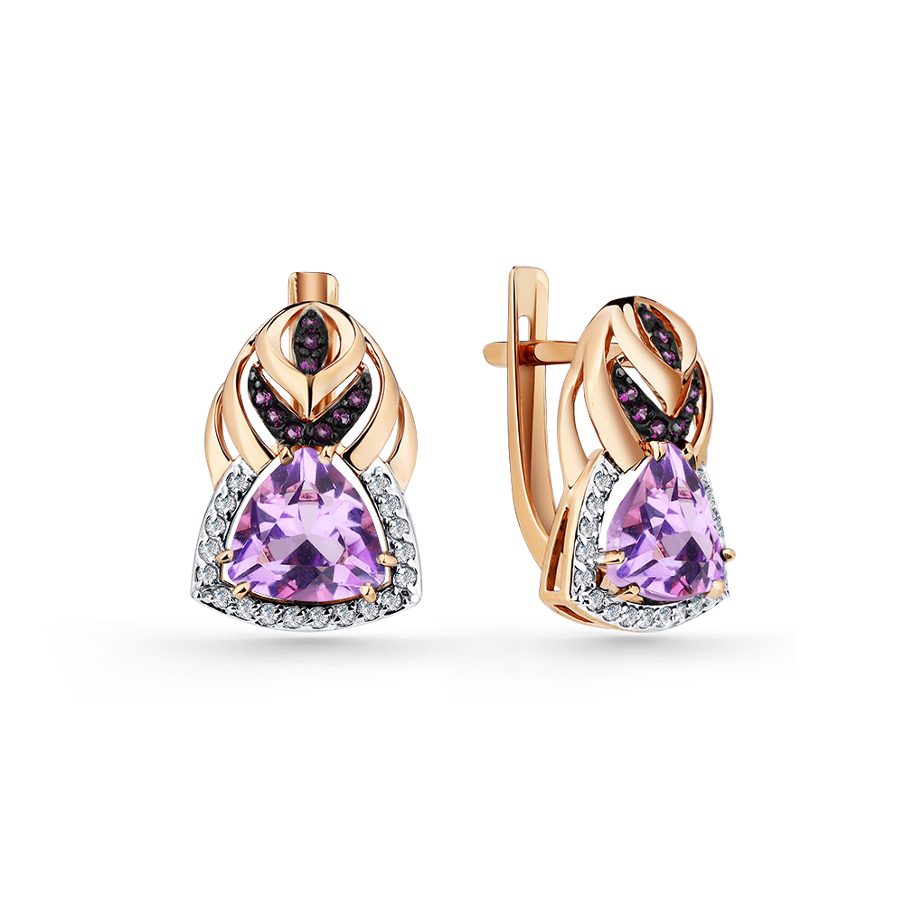 Cercei din aur roșu cu pietre Cubic Zirconia Incolor, Cubic Zirconia Liliachiu și Ametist