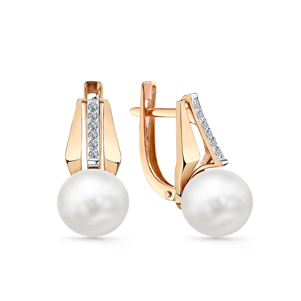 Cercei din aur roșu cu pietre Cubic Zirconia Incolor, Perla Albă