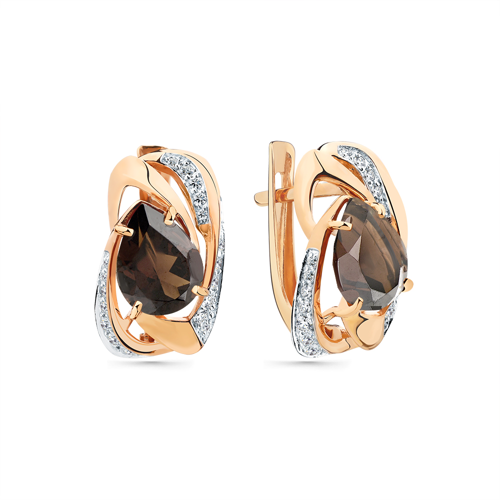Cercei din aur roșu cu pietre Cubic Zirconia Incolor, Cuarț fumuriu