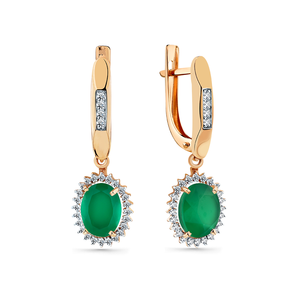 Cercei Suspendați din aur roșu cu pietre Cubic Zirconia Incolor, Agat verde