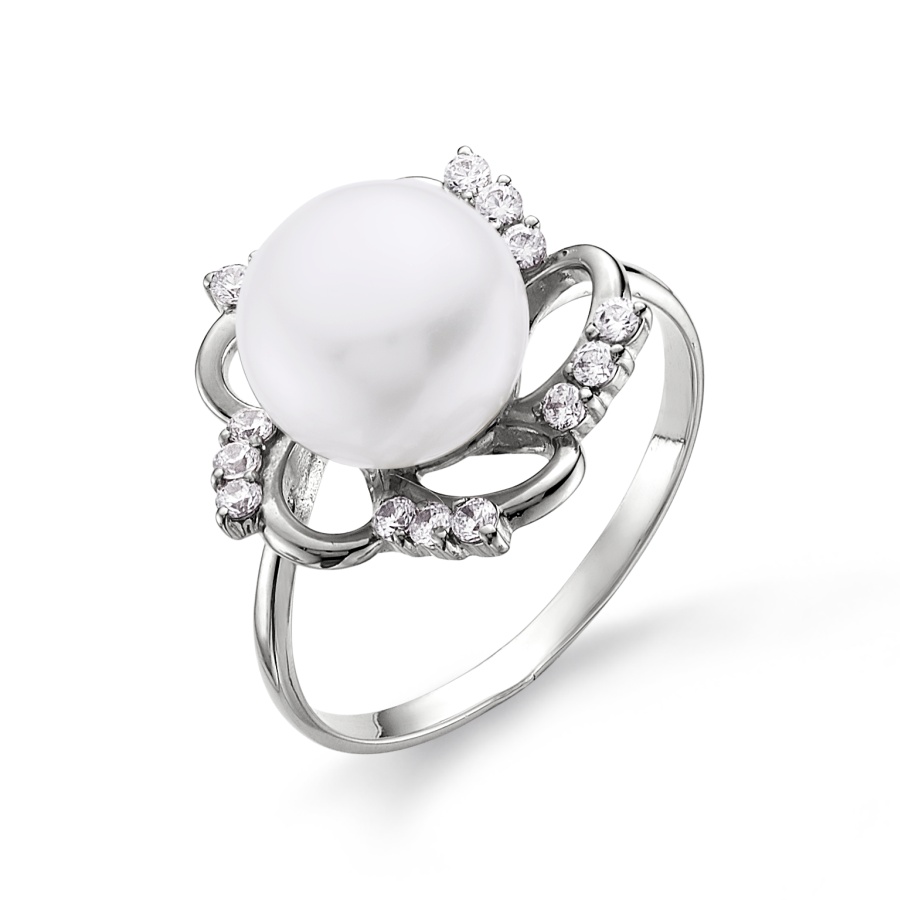 Inel din aur alb cu pietre Cubic Zirconia Incolor, Perla Albă