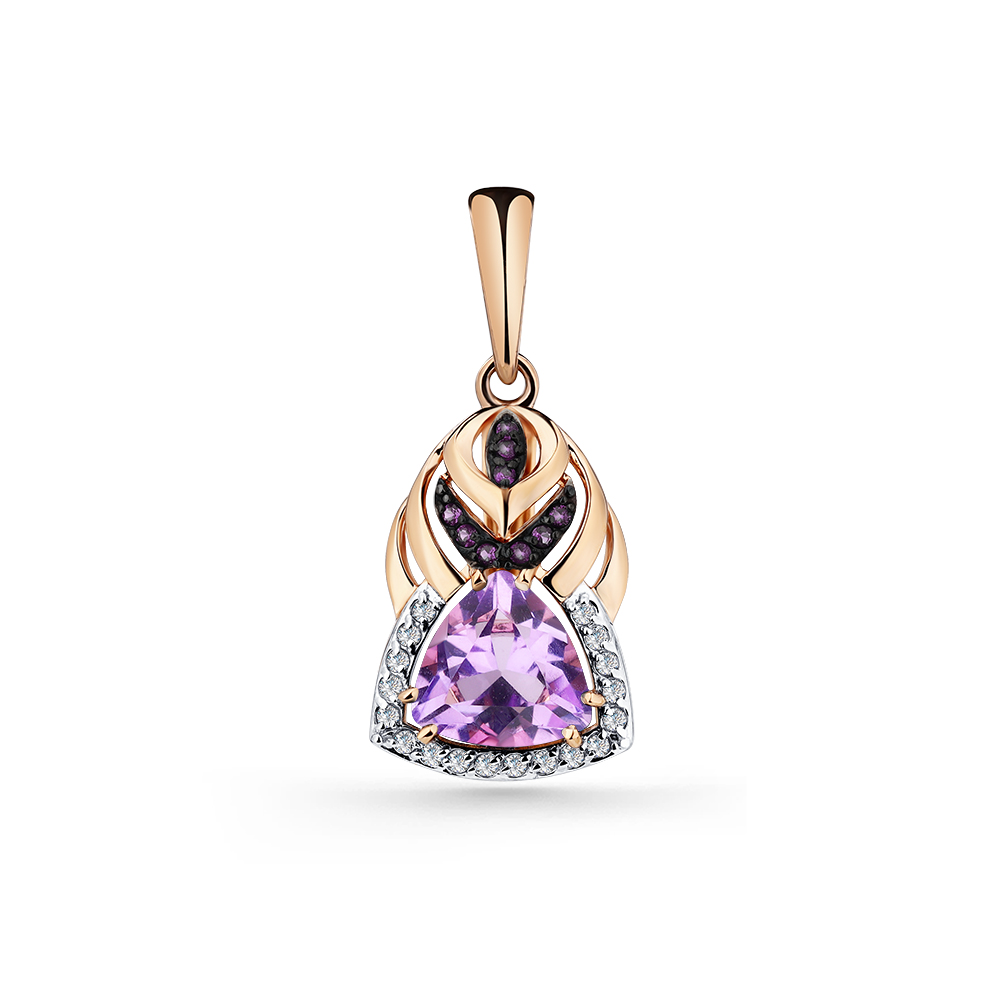 Pandantiv din aur roșu cu pietre Cubic Zirconia Incolor, Cubic Zirconia Liliachiu și Ametist