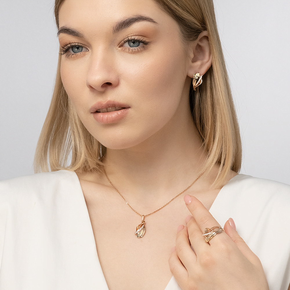 Pandantiv din aur alb, rosu si galben cu pietre Cubic Zirconia Incolor