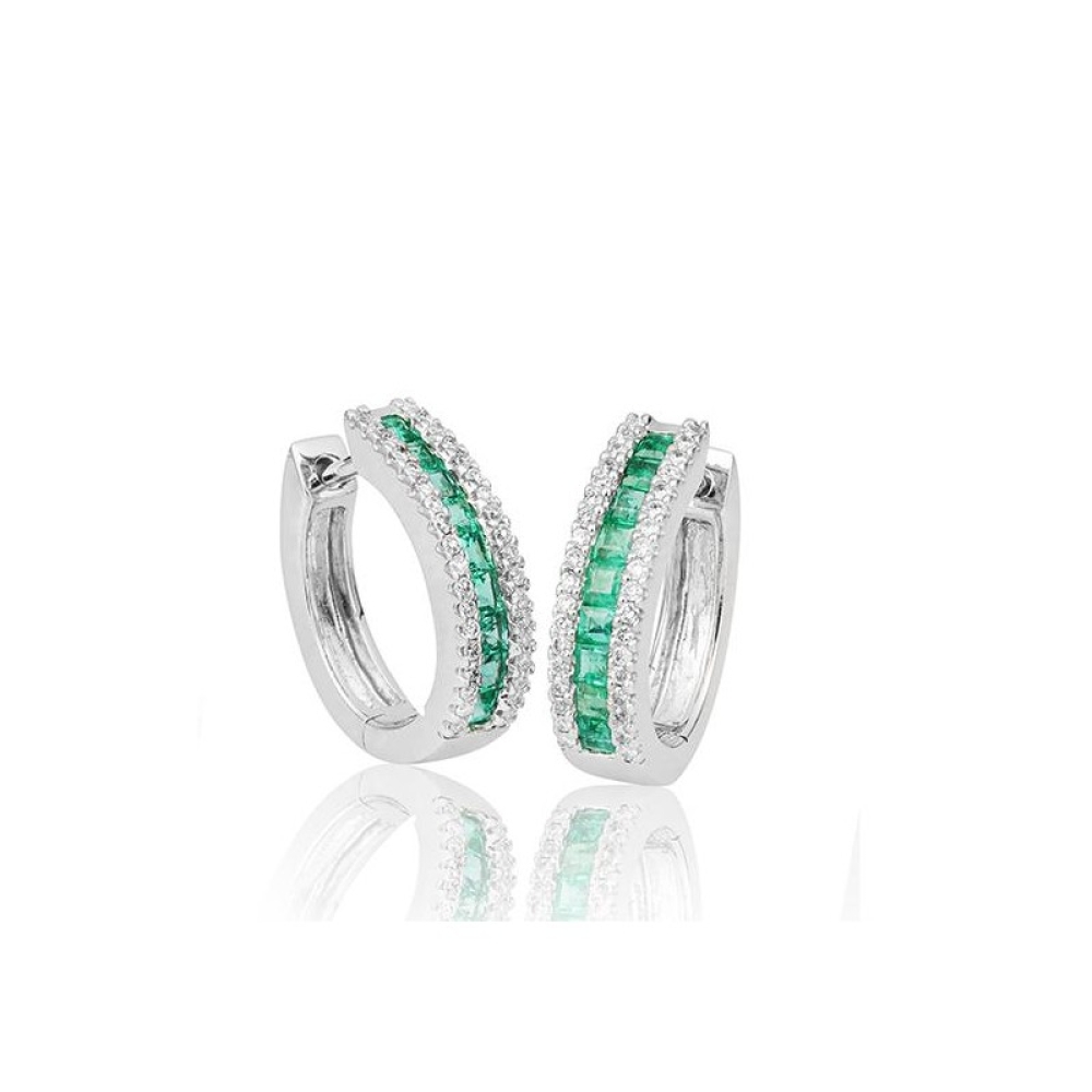 Cercei Creole din aur galben cu pietre Diamant, Smarald