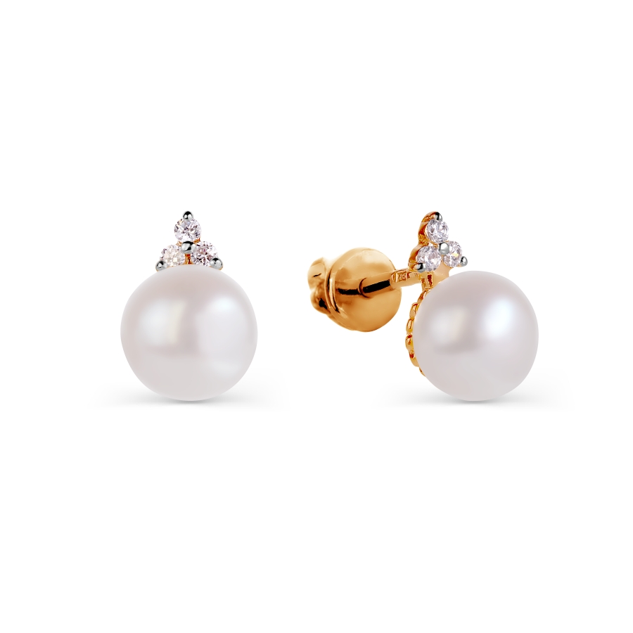 Cercei Pusete din aur roșu cu pietre Cubic zirconia, Perla Albă