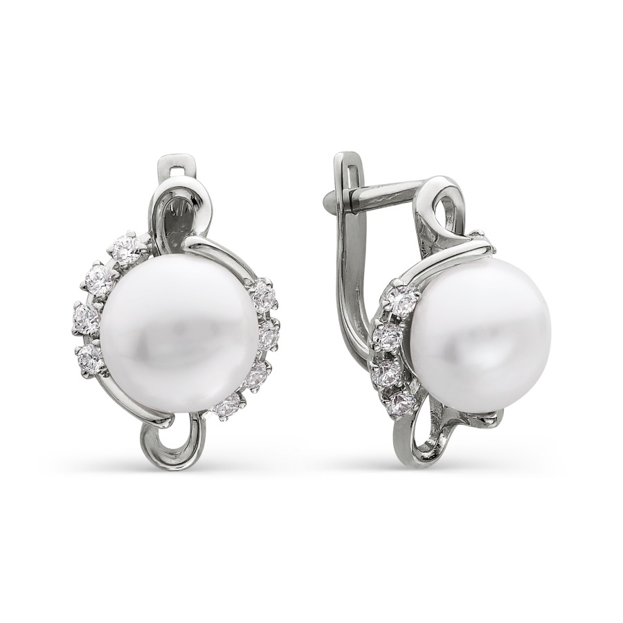 Cercei din aur alb cu pietre Cubic Zirconia Incolor, Perla Albă