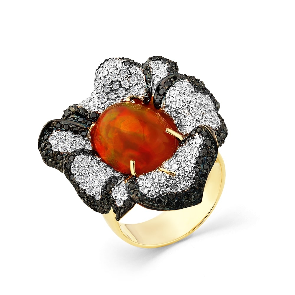 Inel din aur galben cu pietre Diamant, Diamant negru și Opal roșu