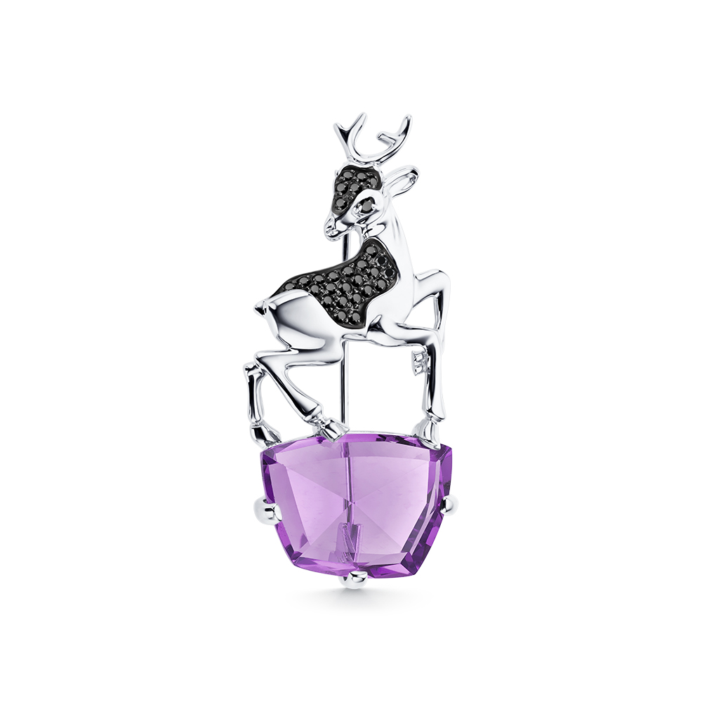 Broșă din aur alb cu pietre Cubic Zirconia Negru, Ametist
