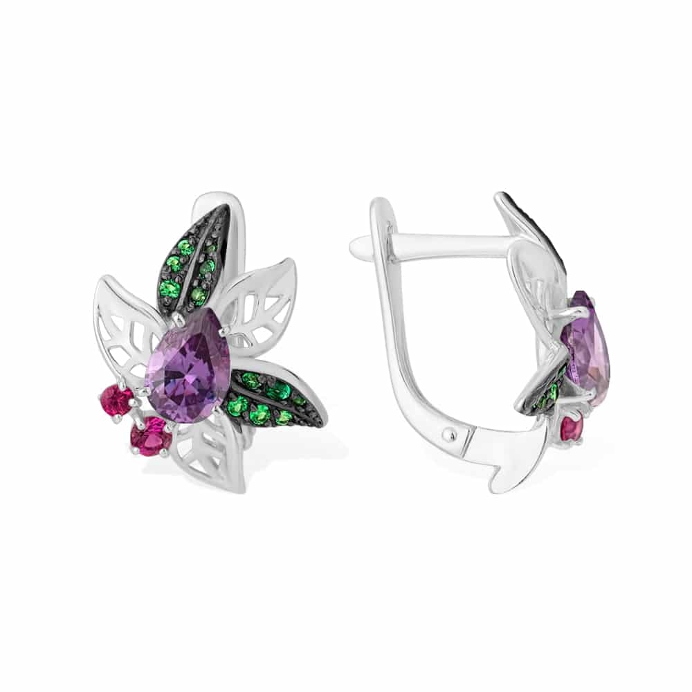 Cercei din argint  cu pietre Cubic Zirconia Liliachiu, Cubic Zirconia Verde și Cubic Zirconia Roșu