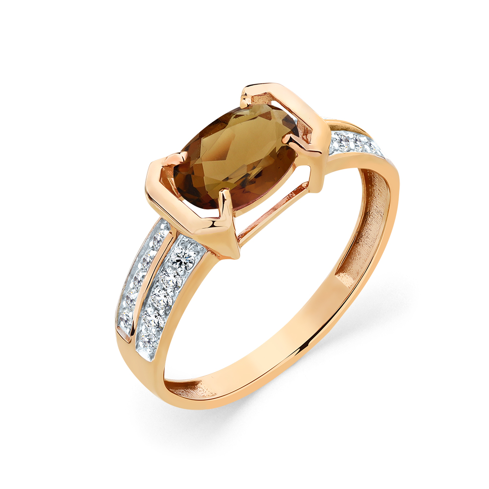 Inel din aur roșu cu pietre Cubic Zirconia Incolor, Cuarț fumuriu