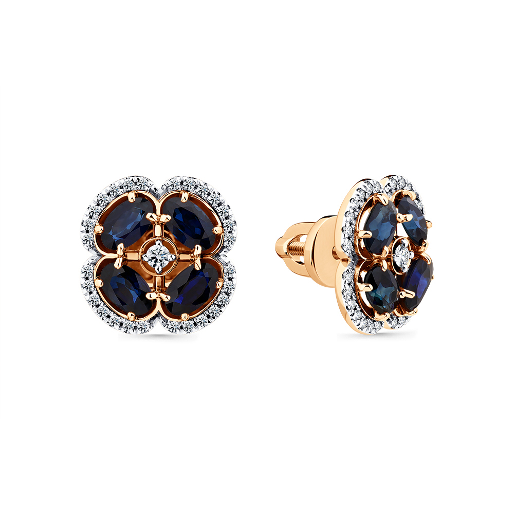 Cercei Pusete din aur roșu cu pietre Diamant, Safir
