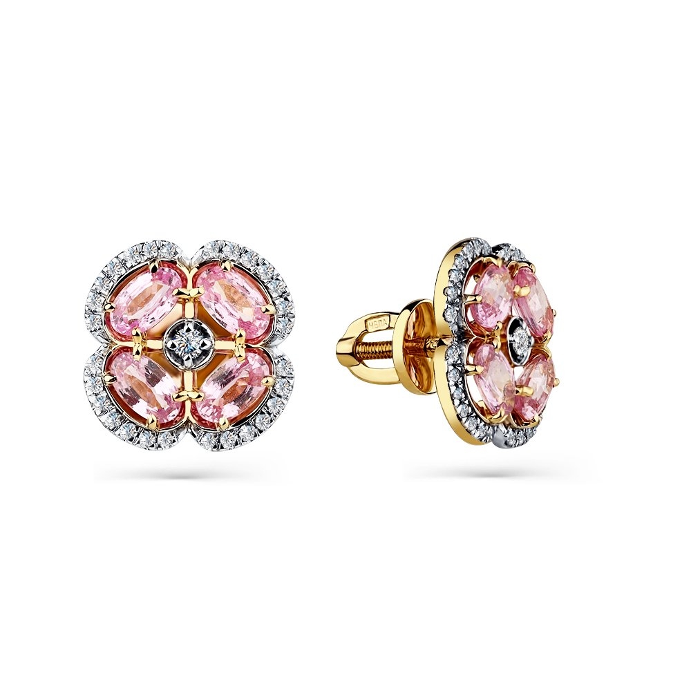 Cercei Pusete din aur galben cu pietre Diamant, Safir roz