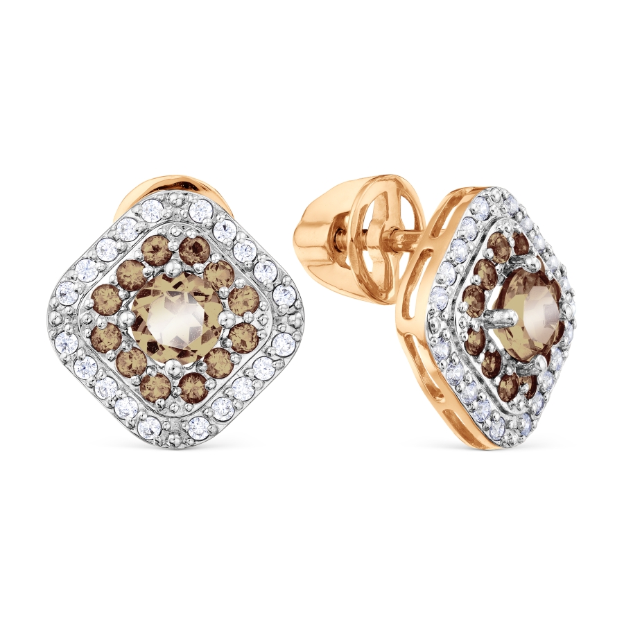 Cercei Pusete din aur roșu cu pietre Cubic Zirconia Incolor, Cuarț fumuriu