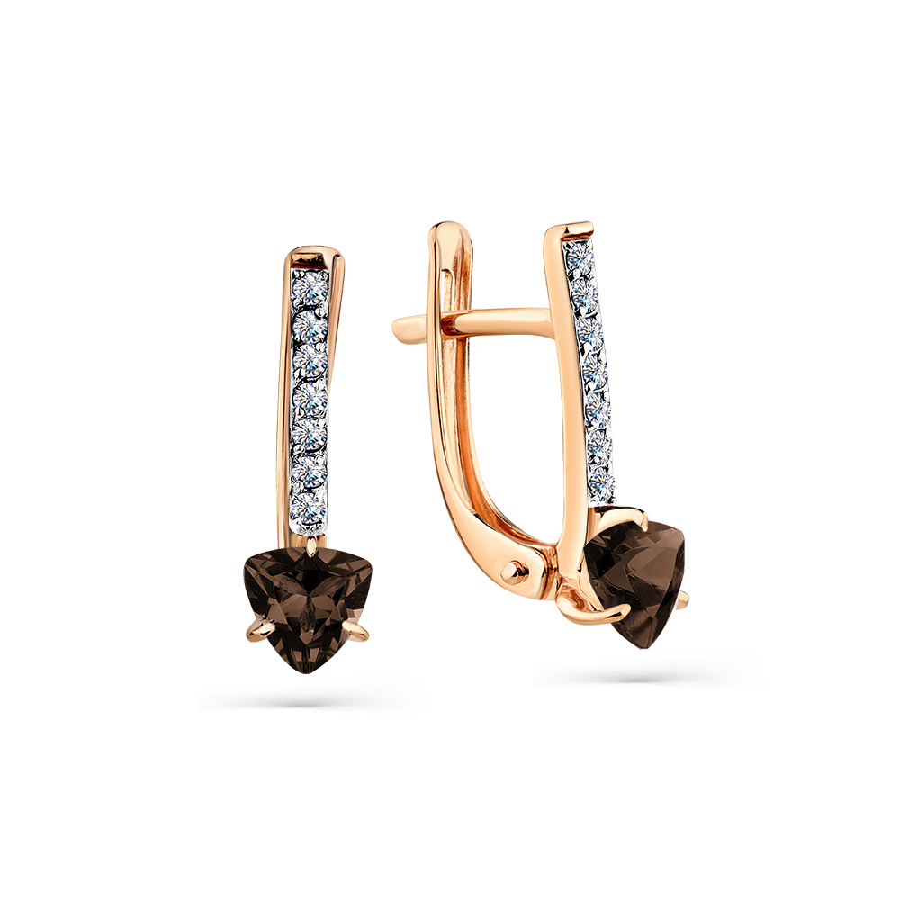 Cercei din aur roșu cu pietre Cubic zirconia, Cuarț fumuriu