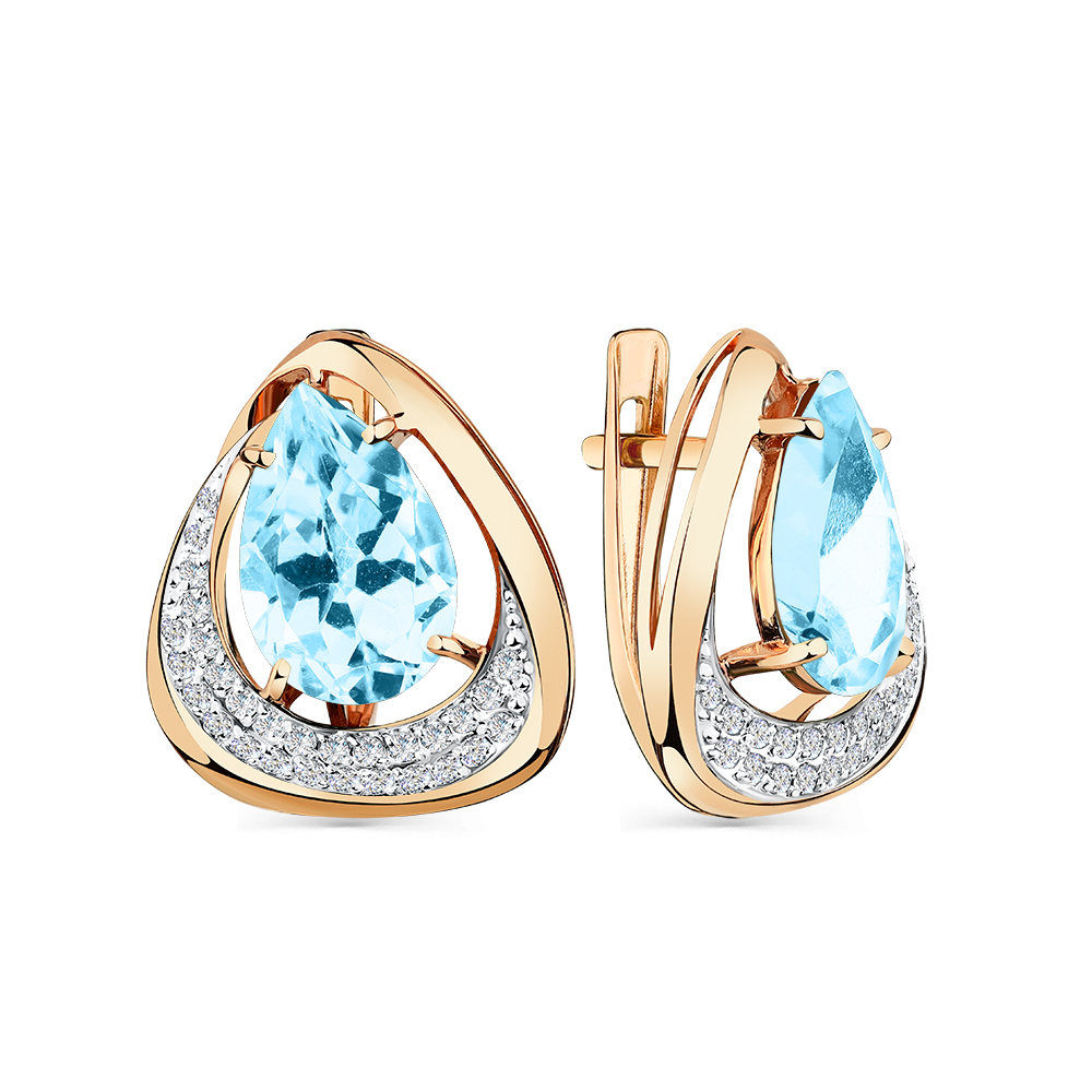 Cercei din aur roșu cu pietre Cubic Zirconia Incolor, Topaz albastru