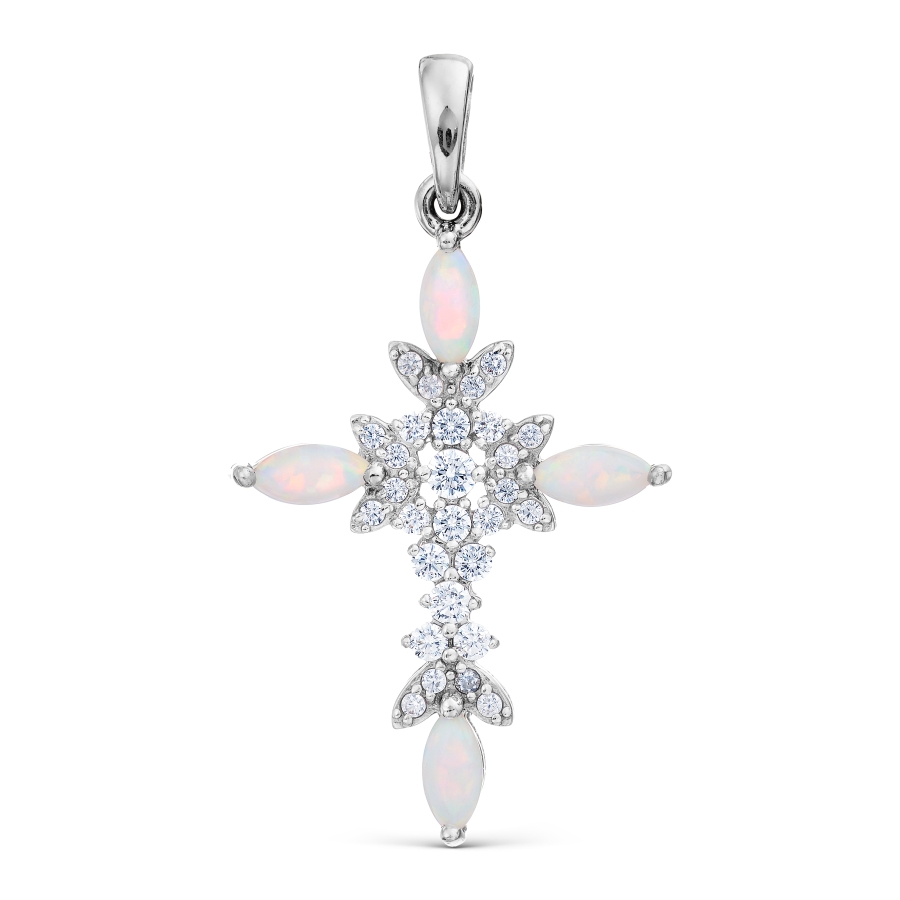 Cruce din aur alb cu pietre Cubic Zirconia Incolor, Opal (sintetic)