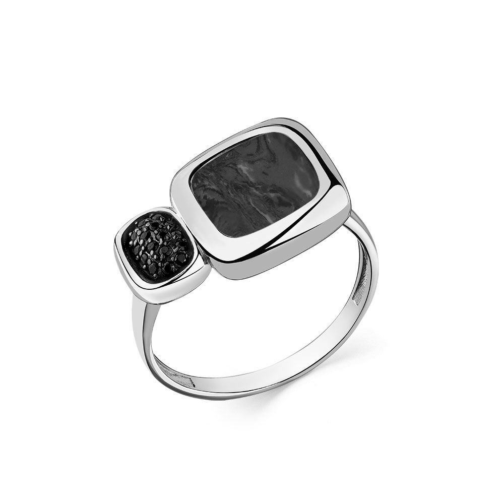 Inel din aur alb cu pietre Cubic zirconia, Agat negru