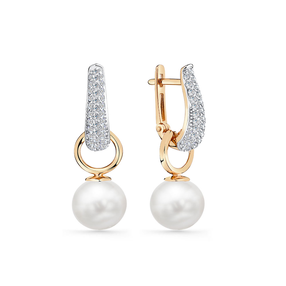 Cercei Suspendați din aur roșu cu pietre Cubic Zirconia Incolor, Perla Albă
