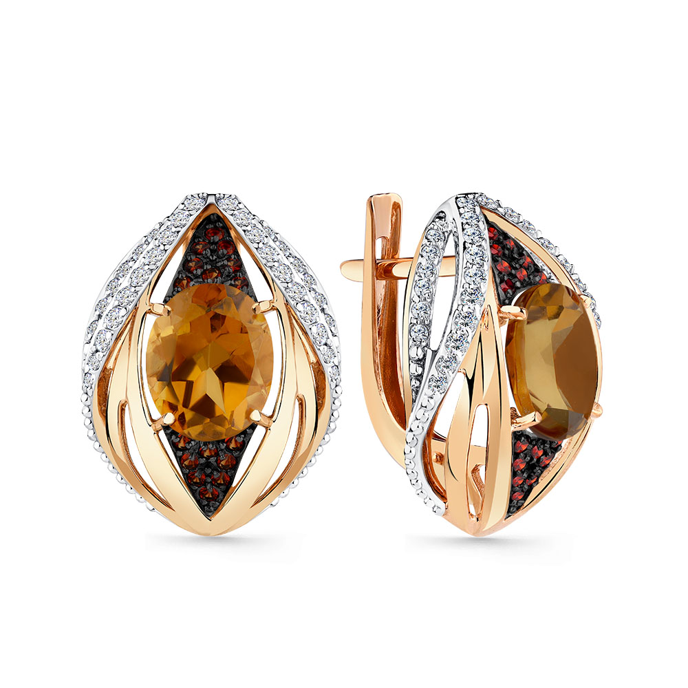 Cercei din aur roșu cu pietre Cubic Zirconia Incolor, Cubic Zirconia Maro și Cuarț Coniac