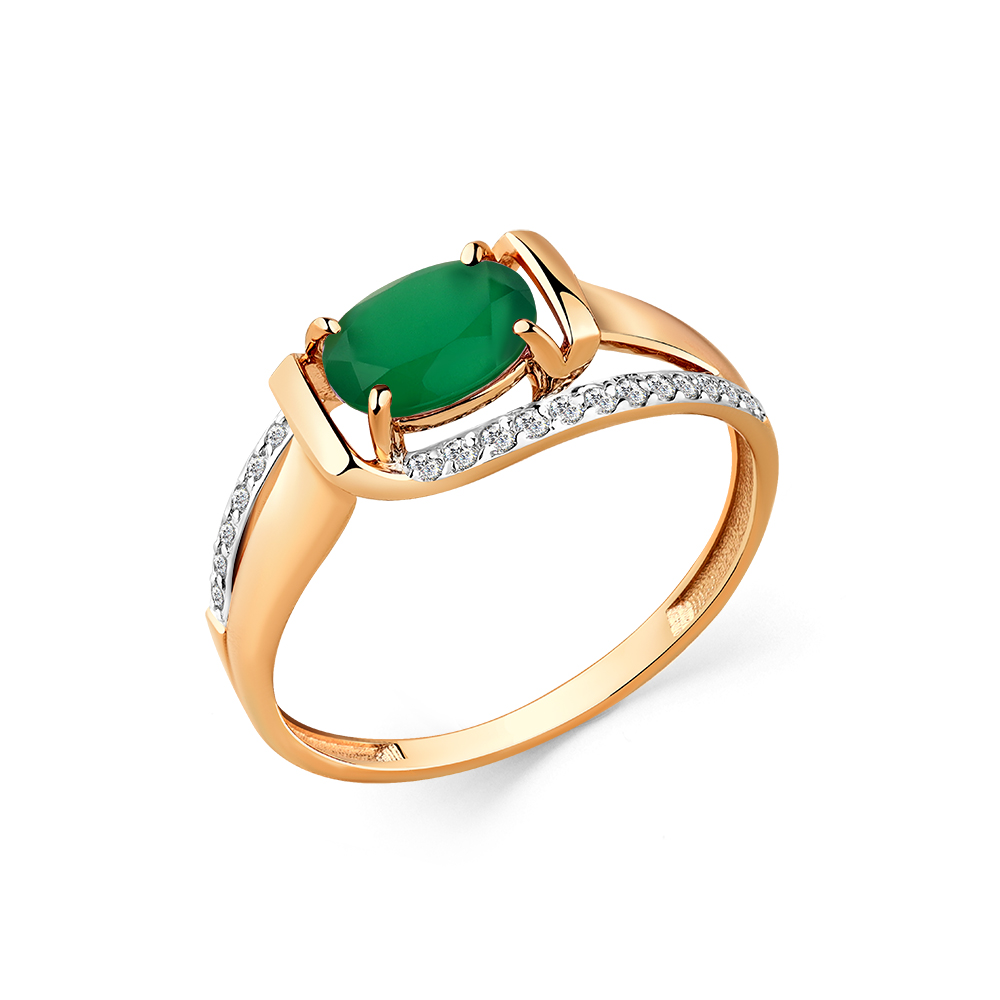 Inel din aur roșu cu pietre Cubic zirconia, Agat verde