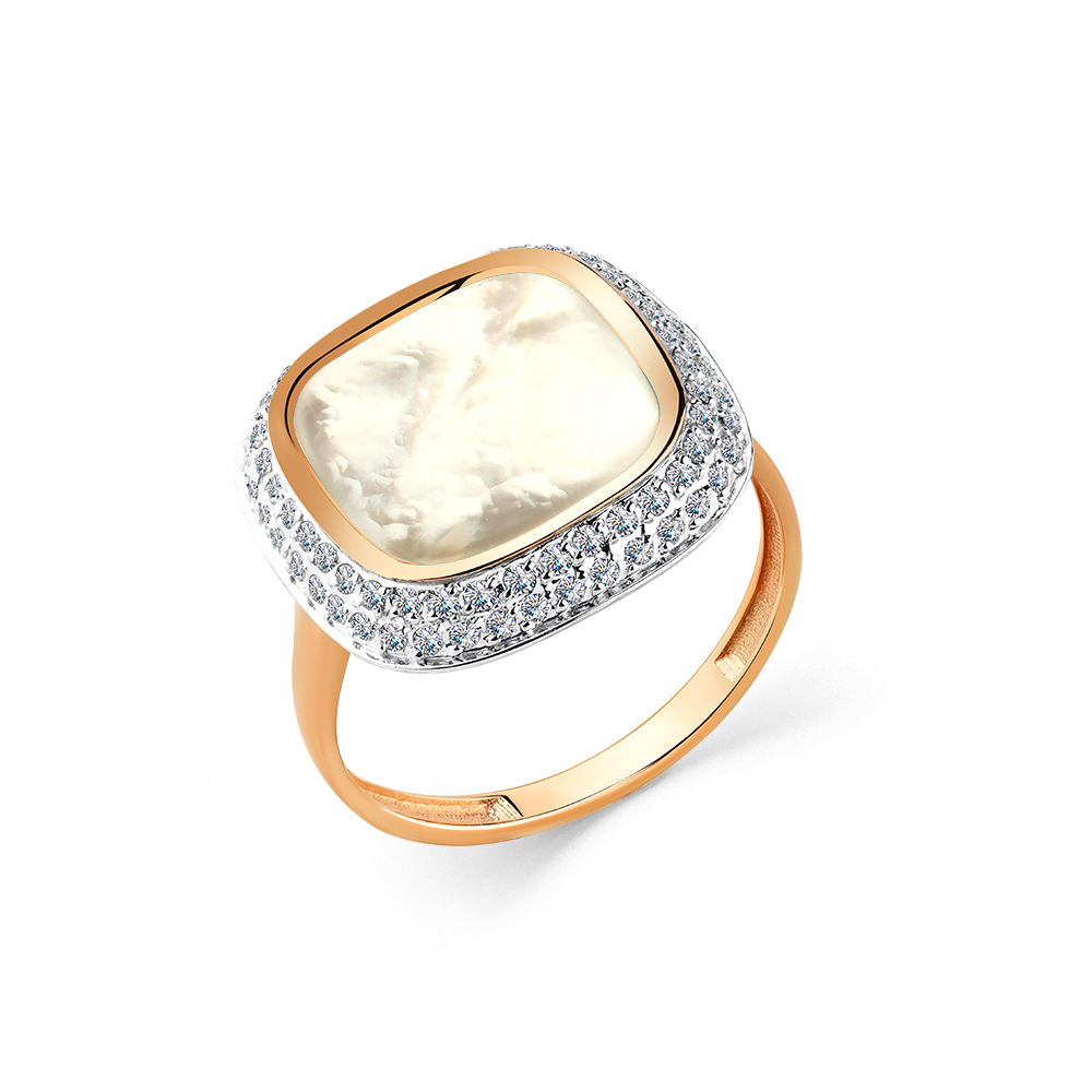 Inel din aur roșu cu pietre Cubic Zirconia Incolor, Sidef Alb