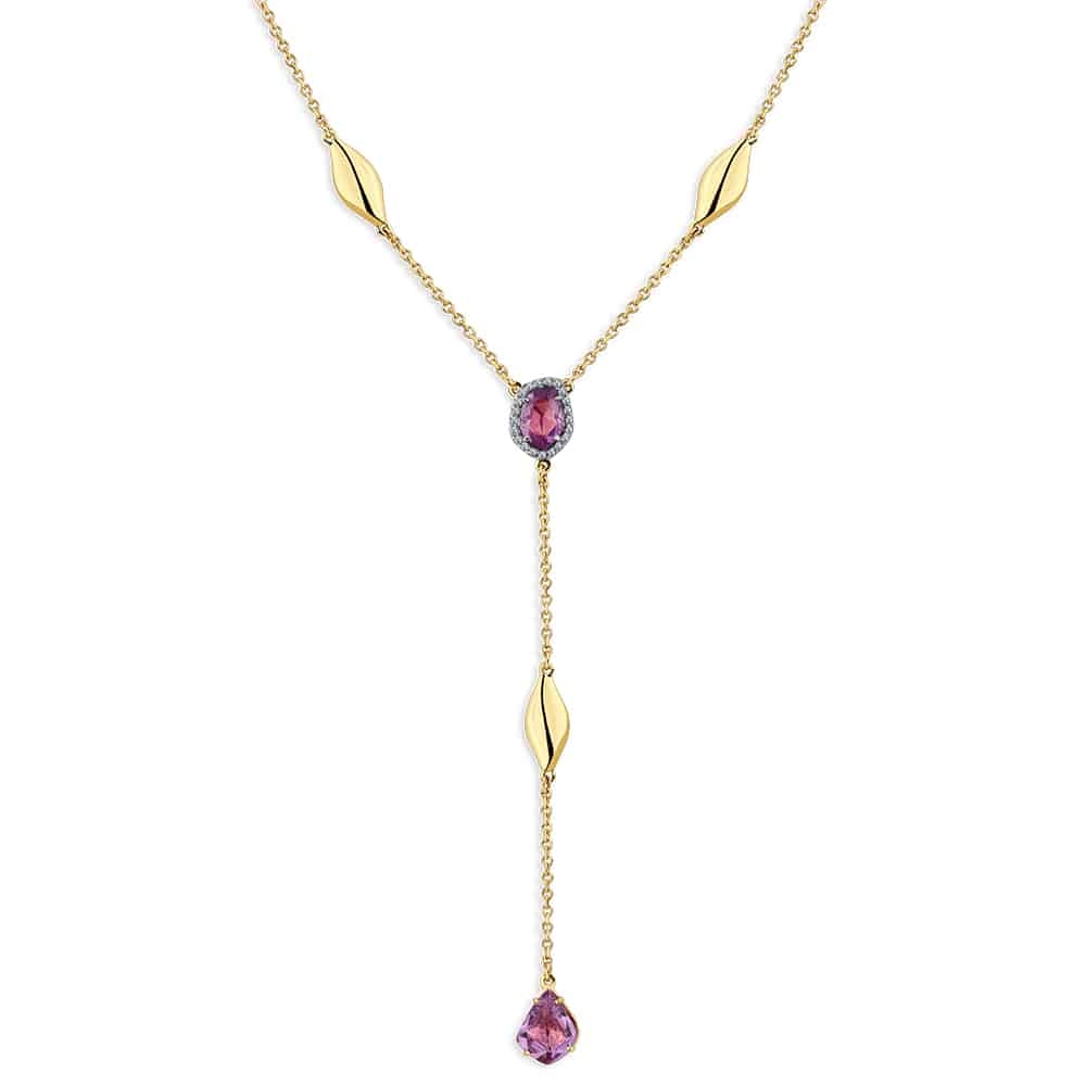 Colier din aur galben cu pietre Diamant, Safir liliachiu