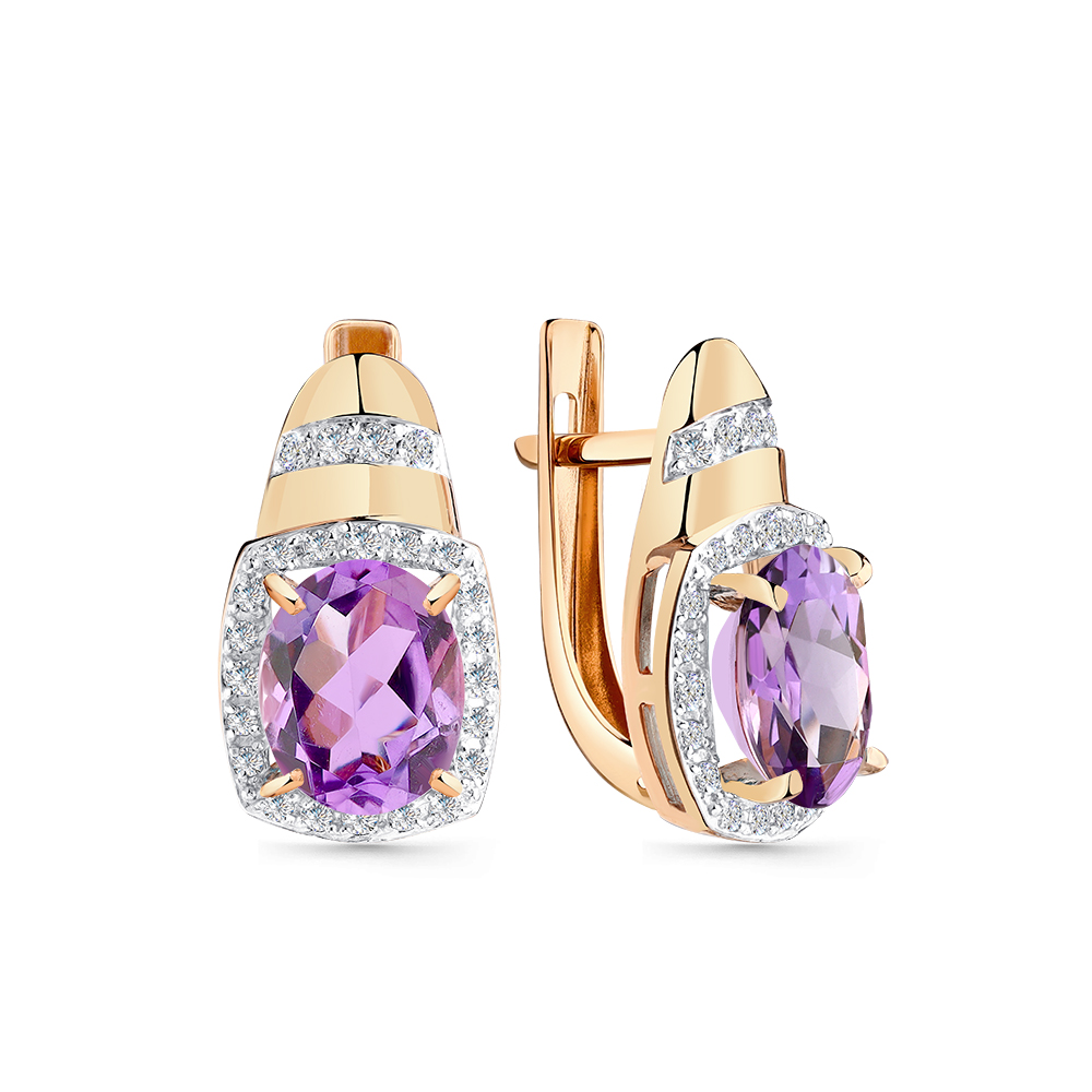 Cercei din aur roșu cu pietre Cubic Zirconia Incolor, Ametist