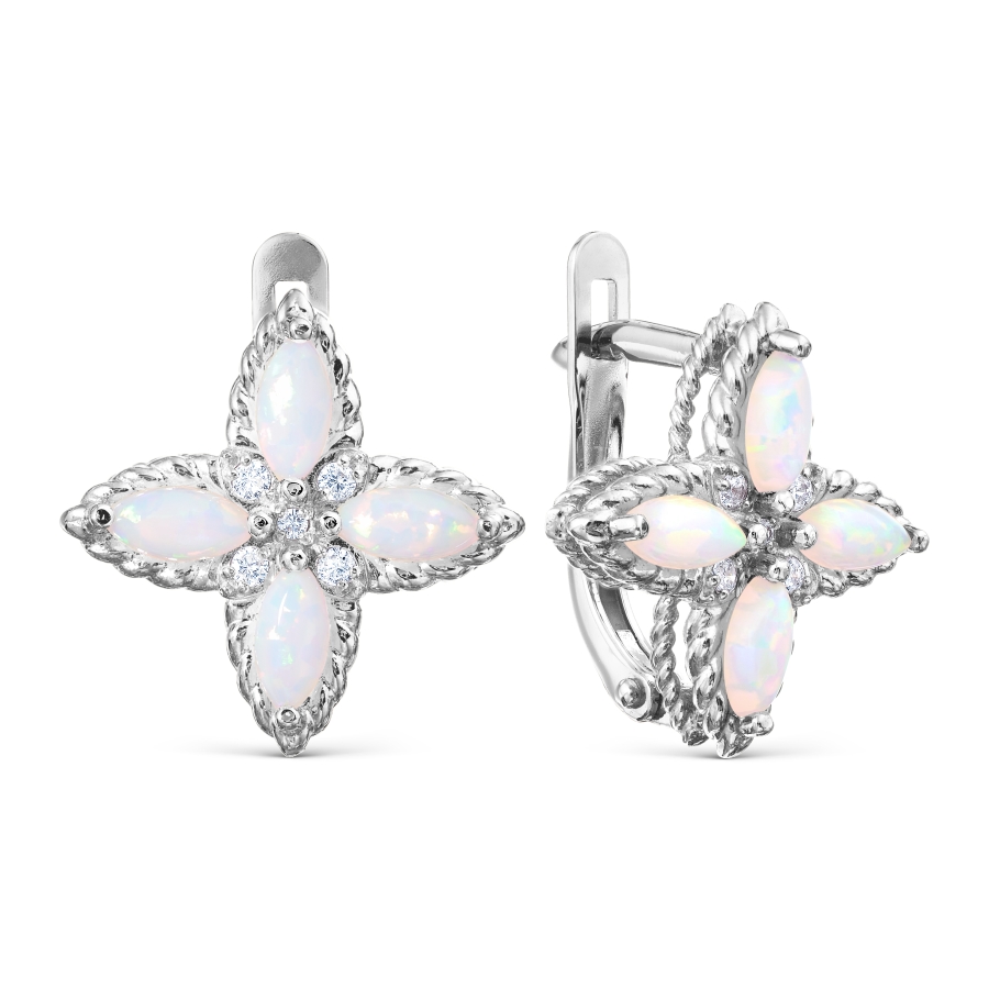 Cercei din aur alb cu pietre Cubic Zirconia Incolor, Opal (sintetic)