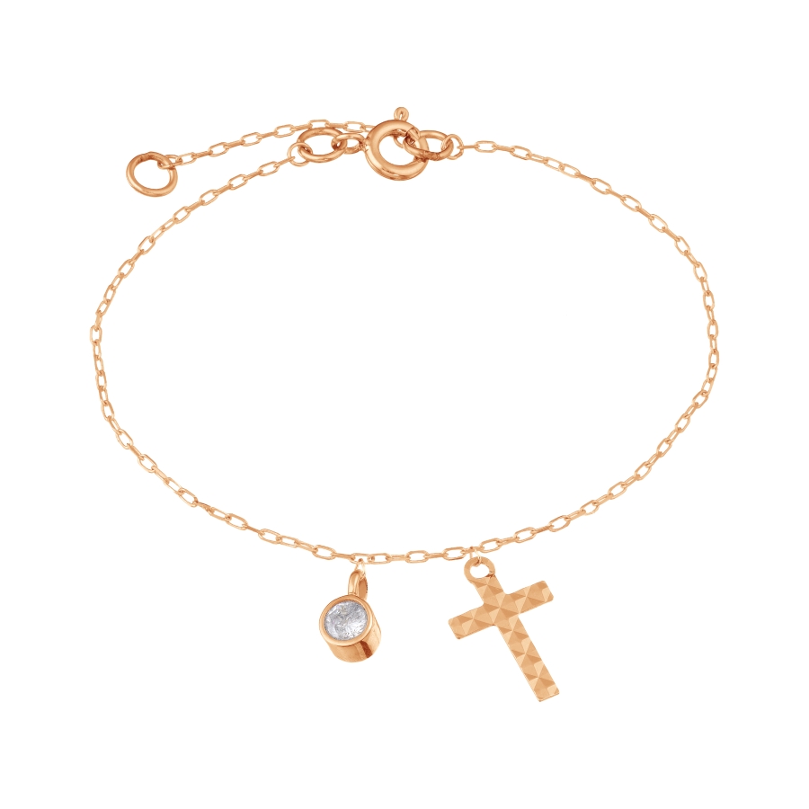 Brățară Cruce din aur roșu cu pietre Cubic Zirconia Incolor