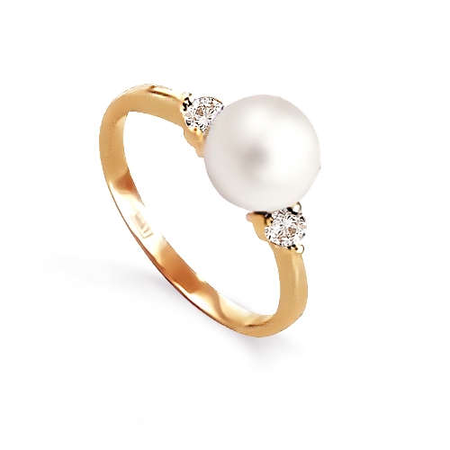 Inel din aur roșu cu pietre Cubic Zirconia Incolor, Perla Albă