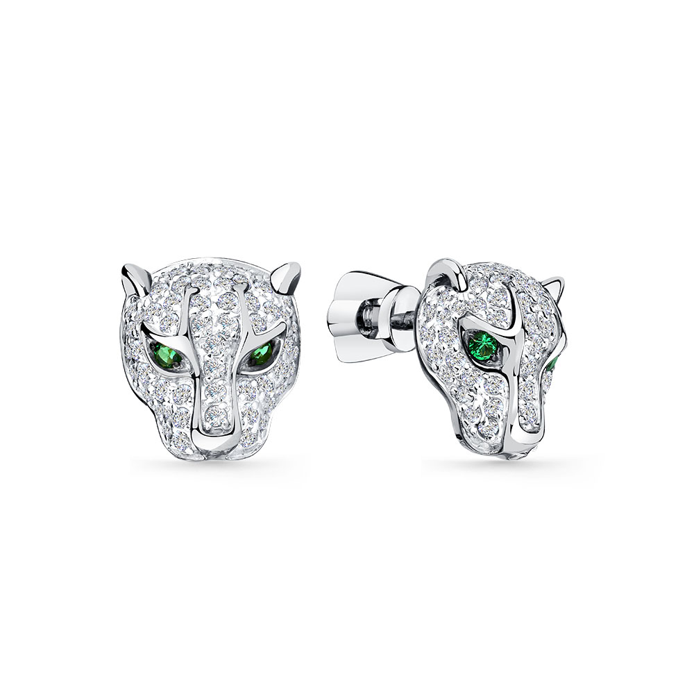 Cercei Pusete din aur alb cu pietre Cubic Zirconia Incolor, Cubic Zirconia Verde