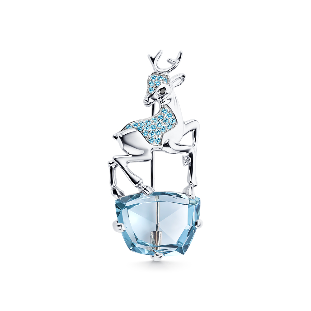 Broșă din aur alb cu pietre Cubic Zirconia Incolor, Cubic Zirconia Negru și Aquamarin (sintetic)