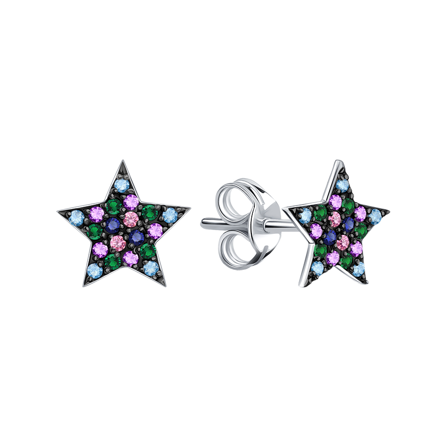 Cercei Pusete din aur alb cu pietre Cubic Zirconia Incolor, Cubic Zirconia Liliachiu și Cubic Zirconia Albastru Safir
