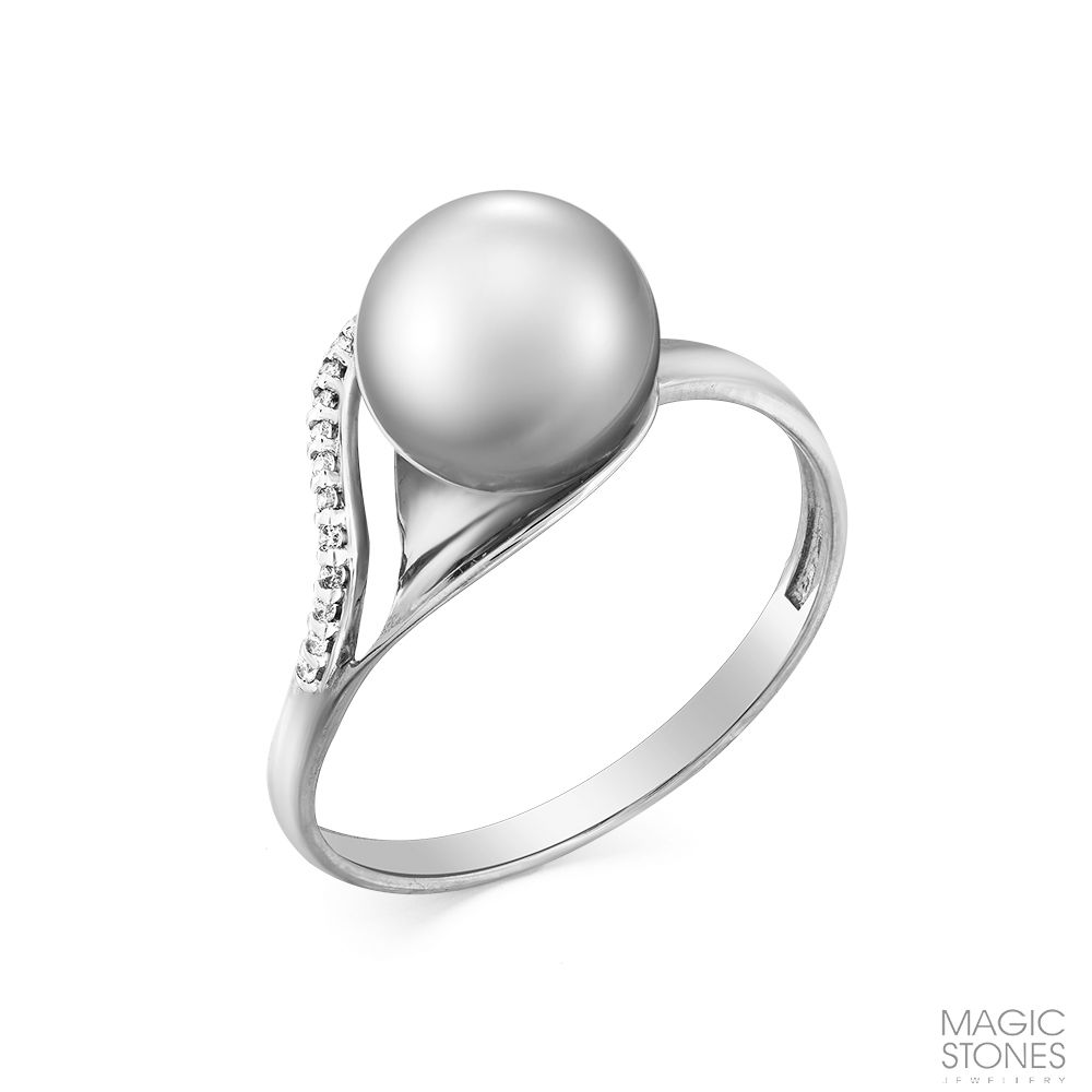 Inel din aur alb cu pietre Cubic Zirconia Incolor, Perla Albă