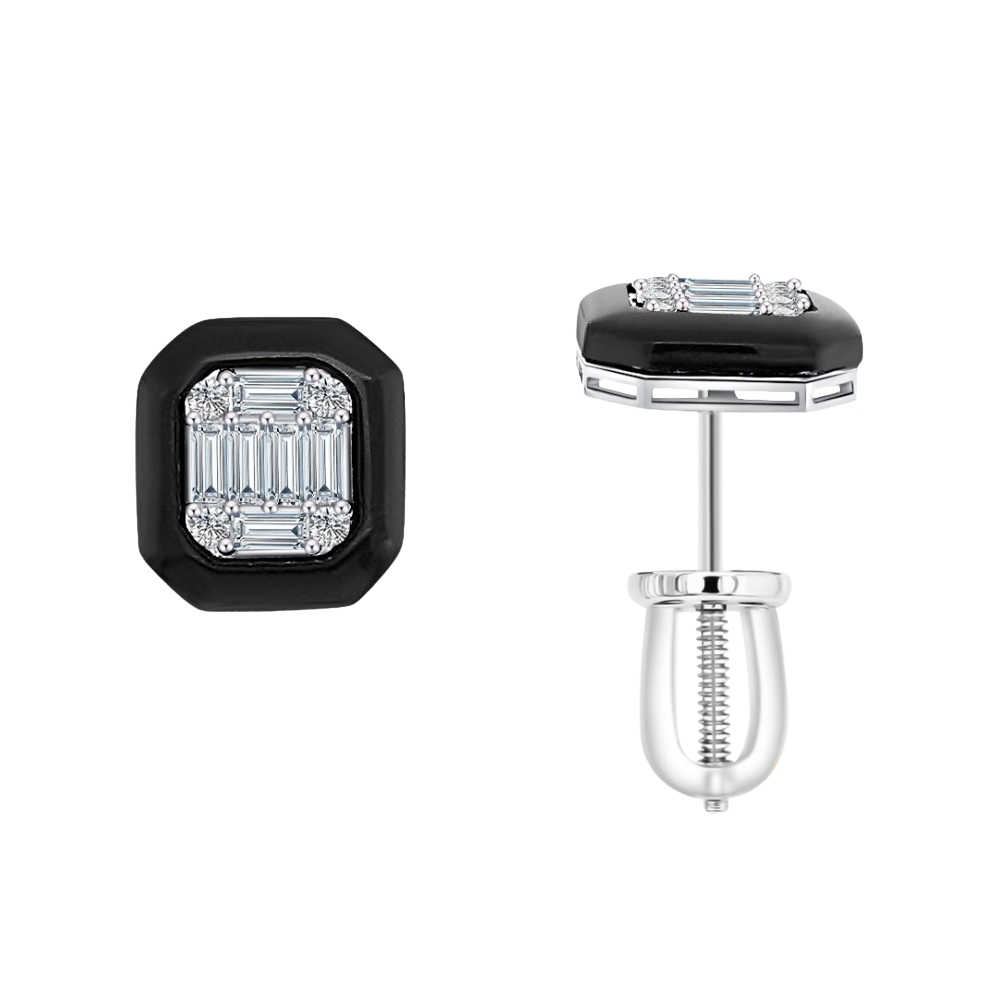 Cercei Pusete din aur alb cu Diamant, Onix negru