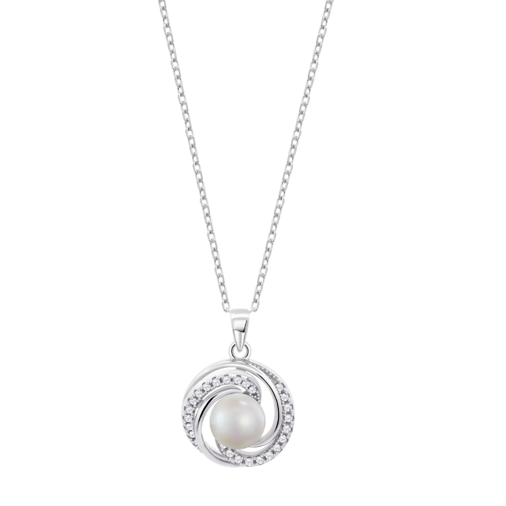 Colier din argint  cu pietre Cubic Zirconia Incolor, Perla Albă
