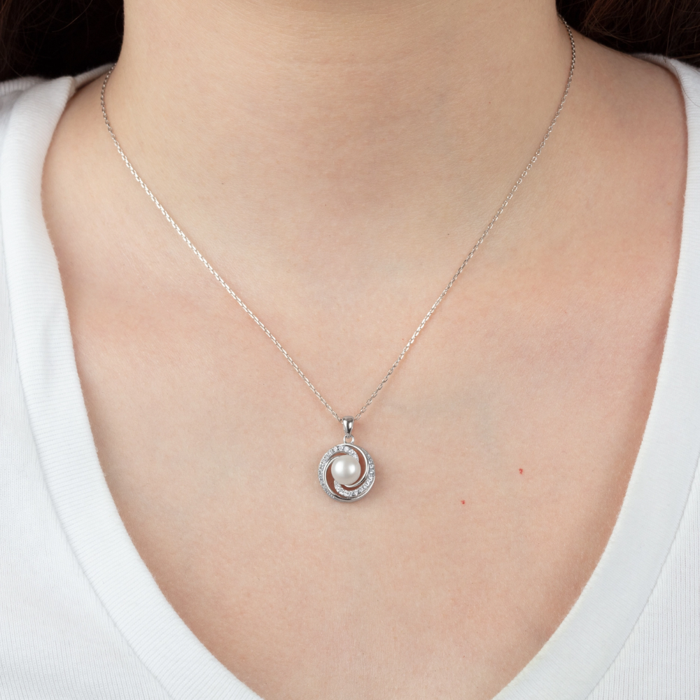 Colier din argint  cu pietre Cubic Zirconia Incolor, Perla Albă
