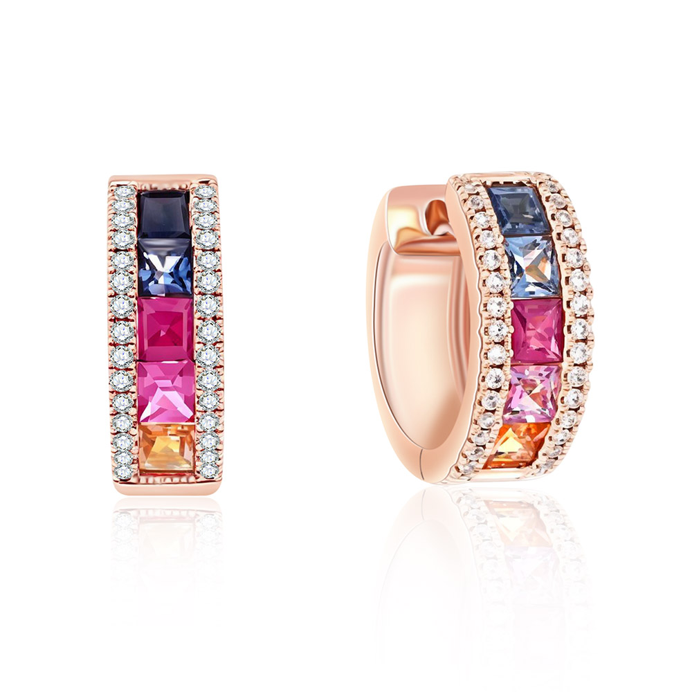 Cercei Creole din aur roșu cu pietre Diamant, Safire multicolore