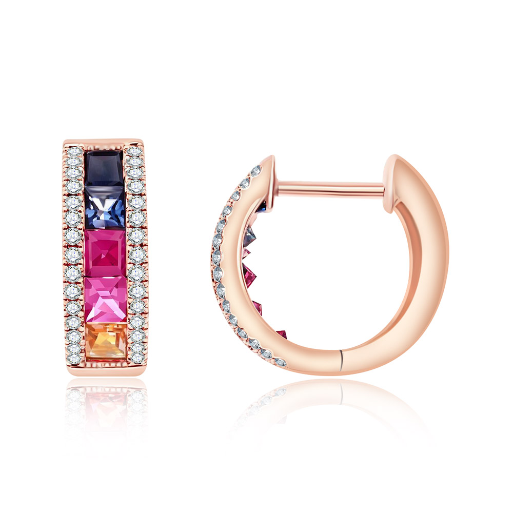 Cercei Creole din aur roșu cu pietre Diamant, Safire multicolore