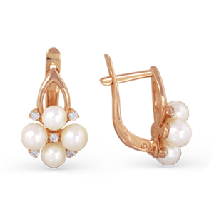 Cercei din aur roșu cu pietre Cubic Zirconia Incolor, Perla Albă